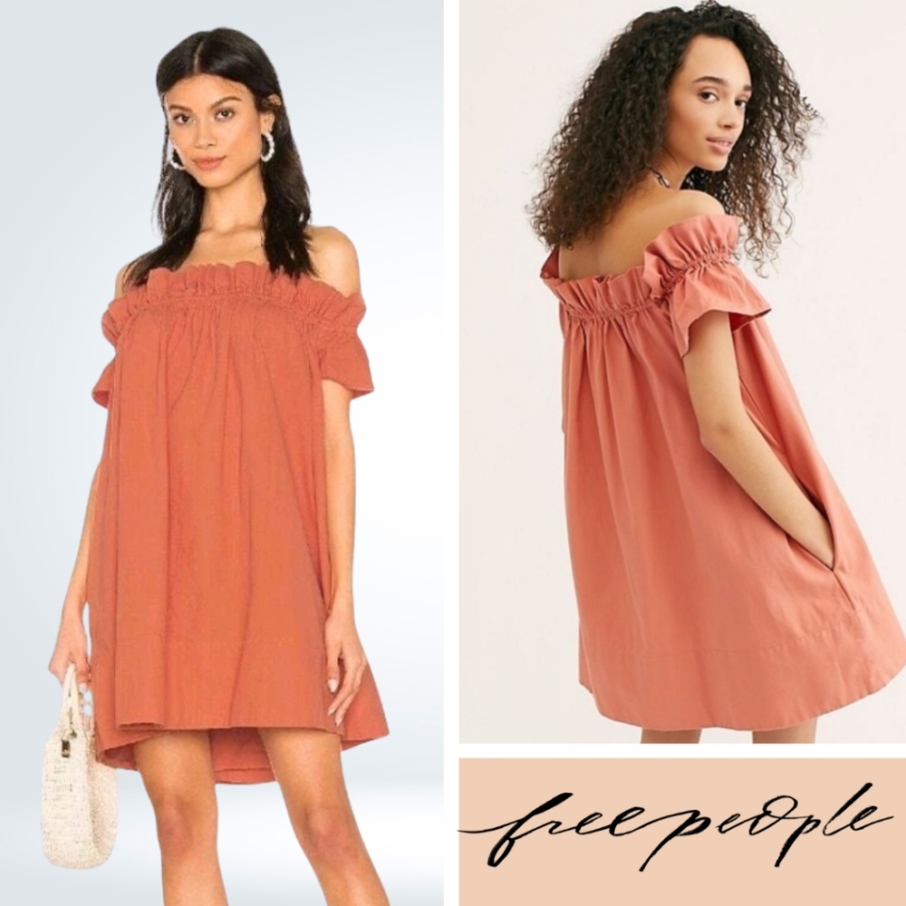 Free People Sophie Off-The-Shoulder Mini Dress Ruffle Sunset Coral Cotton Size L
